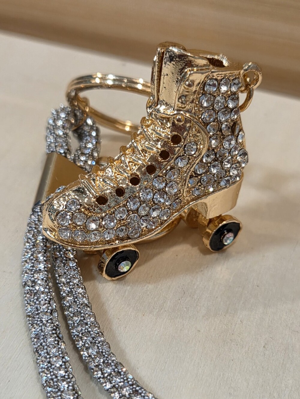 NEW Bling Rhinestone Roller Skate Keychain Crystal Wristlet Purse Charm Gold - Picture 12 of 13